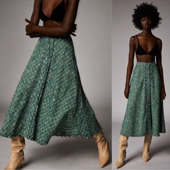 Zara Tweed Weave Textured High Waist A-Line Midi Skirt Green Sz S - Picture 7 of 12